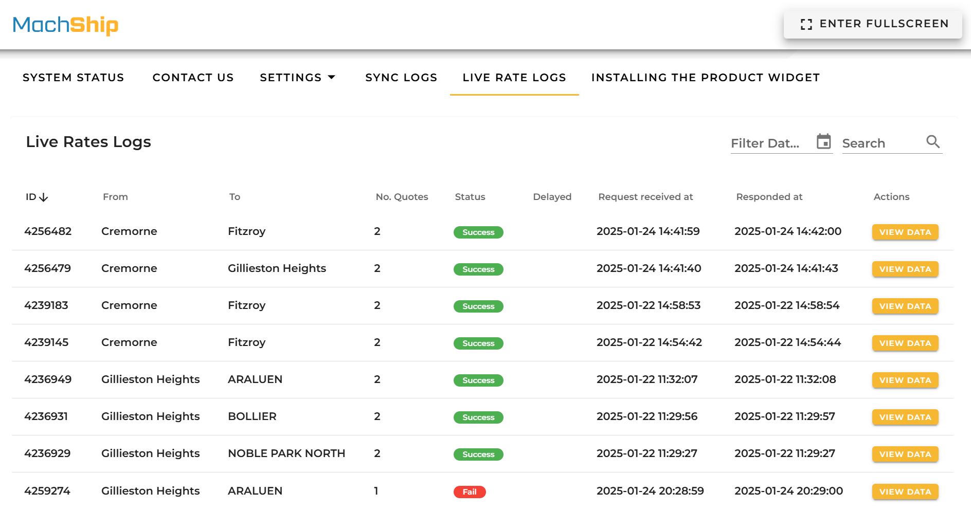 Screenshot of live rate log screen