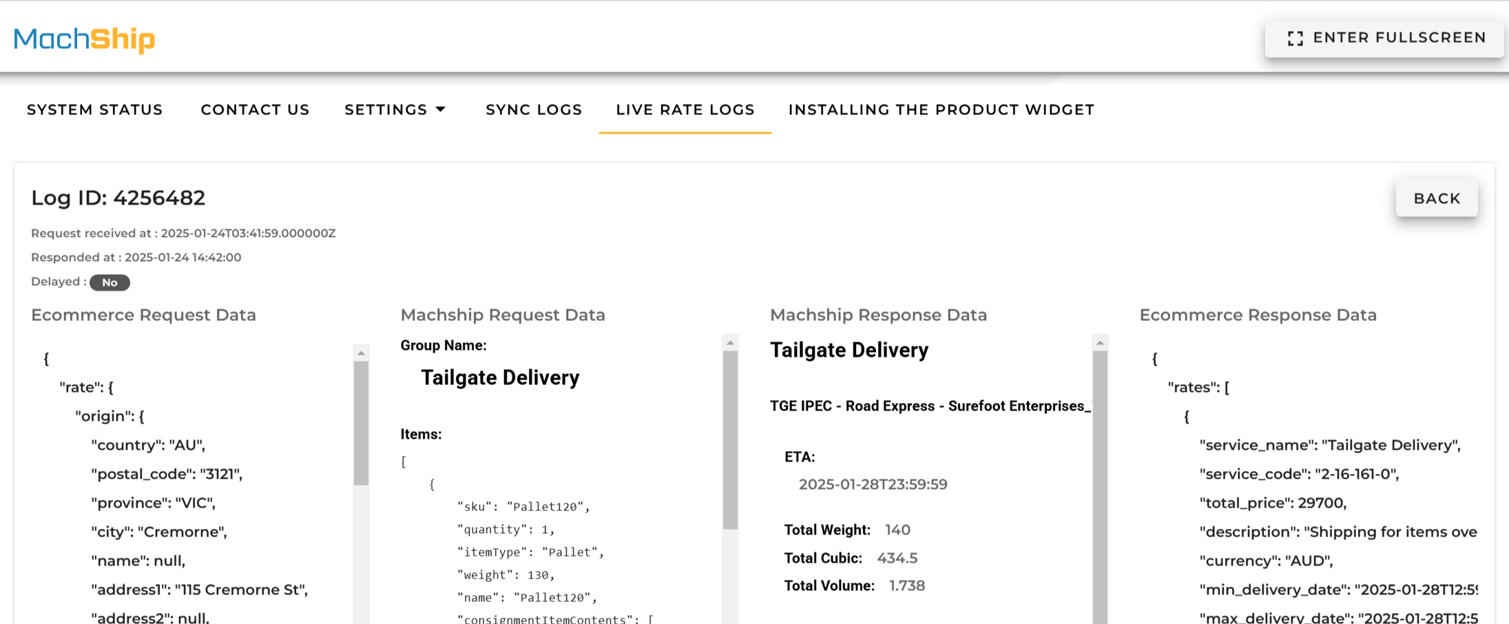 Screenshot of live rate single screen